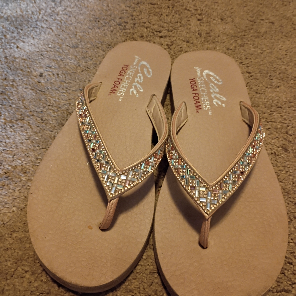 Women's Beige Skechers Sandals with Rhinestone Accents 10